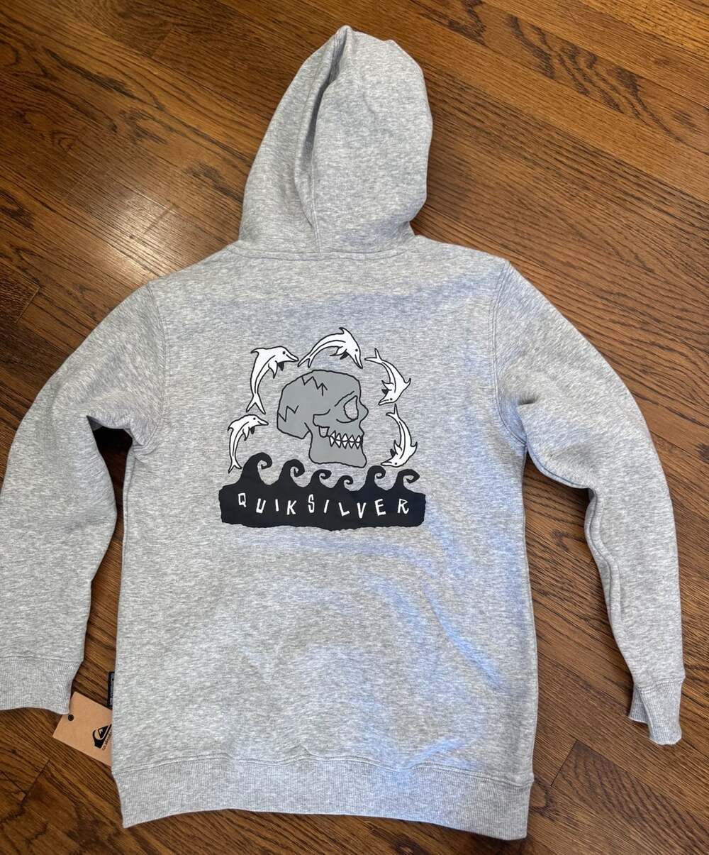 Youth Quiksilver Skull Dolphin Hoodie Size M Light Grey Heather Graphic Pullover